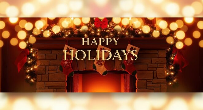 Happy holidays greetings fireplace stockings decorated mantel and warm bokeh lights - Powered by Adobe
