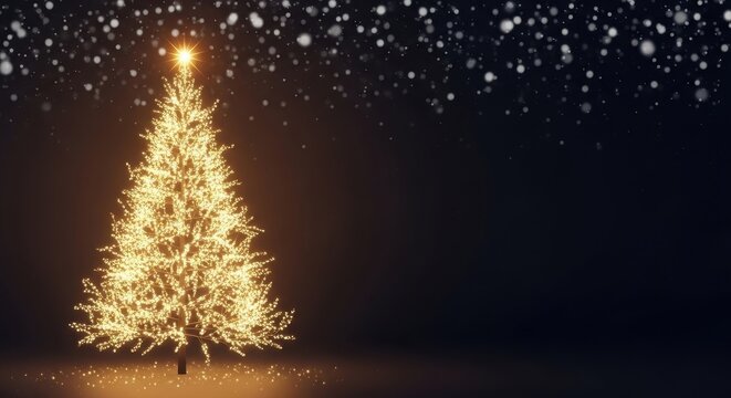 Illuminated christmas tree with lights and snow falling on dark background scene
