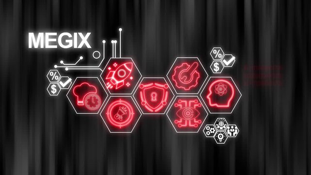 Digital infographic with company name MEGIX and glowing neon red icons for business KP Is and technology concepts on a dark blurred background
