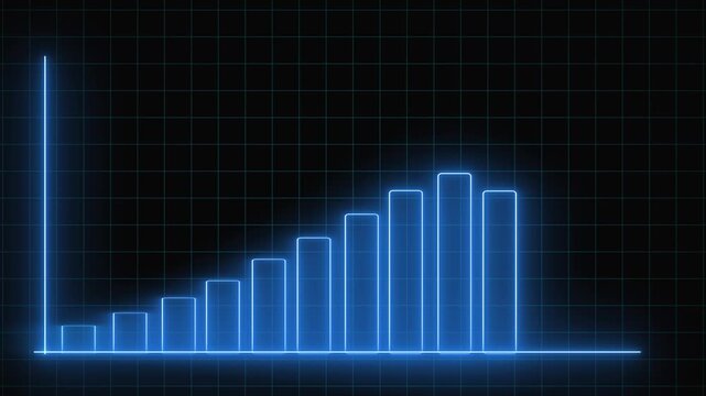 Blue Neon Bar Chart Graph with Horizontal Axis Showing Upward Trend on Dark Grid animation Background. Horizontal axis blue bar chart, glowing neon bars, rising trend animation, business data display,
