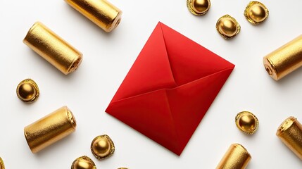 A red envelope beside a black bowl of golden-wrapped chocolates on a clean white background