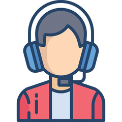 Illustration of a person with headphones and a microphone wearing a red jacket and white shirt against a transparent background