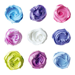 9 swirls of pastel colored paint, textures on a dark, isolated background