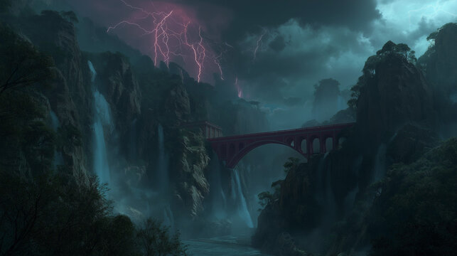 arched bridge over stormy gorge with lightning and waterfall