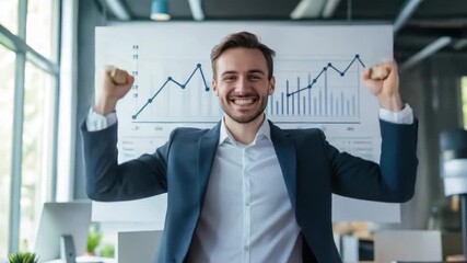 Excited businessman celebrating success on growing chart background. Business development to success. Investments, crisis management, business courses, training, successful strategy, annual report - Powered by Adobe