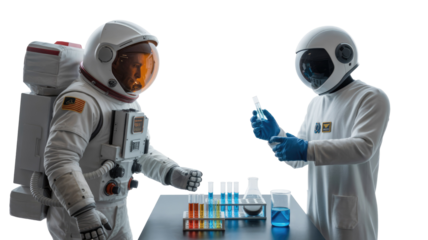 An astronaut observes a scientist in a lab coat and helmet, conducting experiments with test tubes containing colorful liquids. background removed
