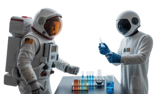 An astronaut observes a scientist in a lab coat and helmet, conducting experiments with test tubes containing colorful liquids. background removed