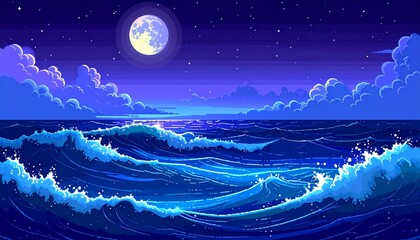 Animated pixel art sea waves background. Seamless loop animation of seascape at nigh