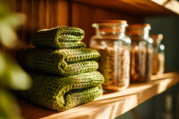 Green knitted towels stacked on wooden shelf with glass jars and natural decor elements