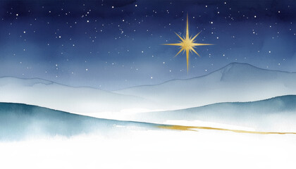 The Star of Bethlehem shines in a starry night sky over a peaceful, snowy landscape. Minimalist watercolor background for Christmas and Christian holidays.
