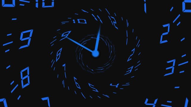 Abstract Blue Digital Clock Numbers Swirling into a Vortex with Glowing Center time animation. Digital blue clock digits swirling in vortex, glowing center, animated abstract time visualization.