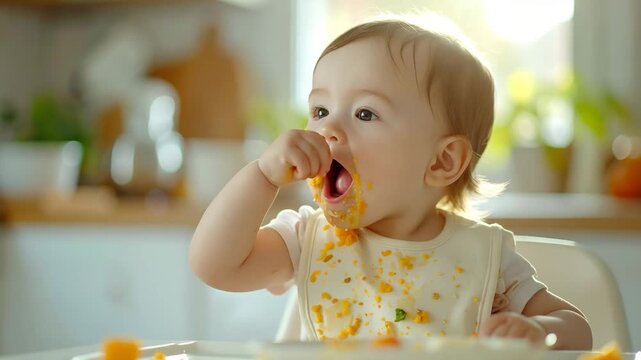 Happy baby wearing a bib while eating, smiling messily in a bright kitchen setting.