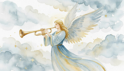 Fototapeta premium Beautiful watercolor angel with a halo and large wings, playing a golden trumpet in the clouds. A heavenly and spiritual Christian illustration for Christmas or Easter. 