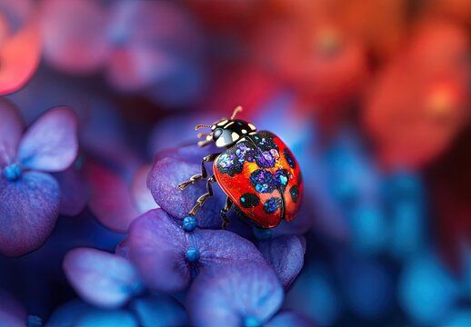 A red ladybug with black spots perched on a soft pink flower petal in macro detail