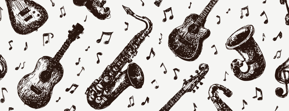 Patr&oacute;n sin fisuras de instrumentos musicales dibujados a mano y notas musicales sobre fondo claro.