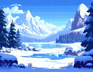 Pixel art depicting a frozen landscape with snow-covered mountains, trees,