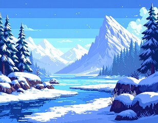 Pixel art depicting a frozen landscape with snow-covered mountains, trees,