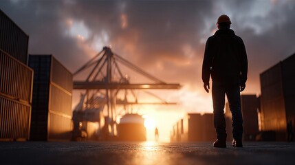 Fototapeta premium Silhouette Of Port Worker Standing Among Shipping Containers At Sunrise. Industrial Scene With Cranes And Cargo Terminal At Golden Hour. Maritime Logistics Theme