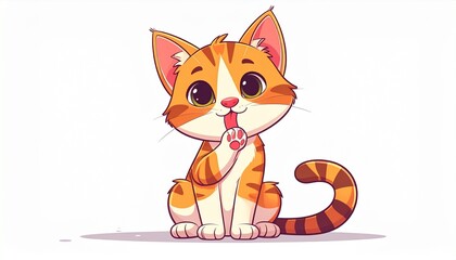 Adorable cat licking paw line 2D character animation. Spotted kitten companion 