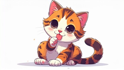 Adorable cat licking paw line 2D character animation. Spotted kitten companion 
