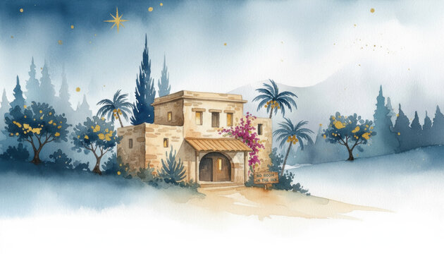 No room at the inn. Watercolor of the biblical inn in Bethlehem from the Christmas story. A magical starry night scene.
