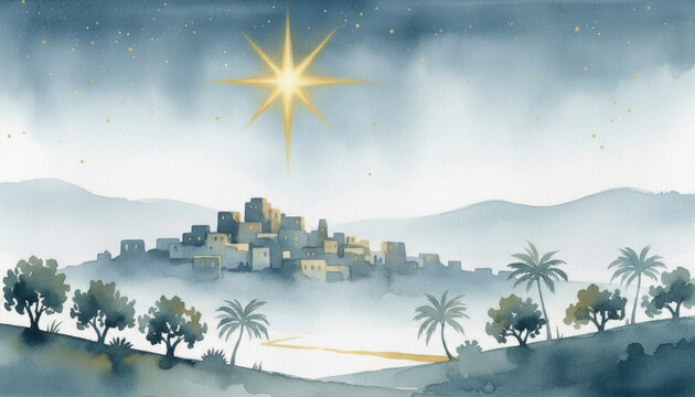 The Star of Bethlehem shines over the ancient biblical town. A peaceful watercolor landscape of the Christmas nativity scene.
