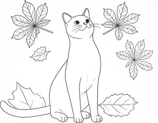 Simple line art illustration of cat playing with chestnut leaves. Perfect for colori