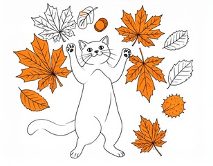 Simple line art illustration of cat playing with chestnut leaves. Perfect for colori