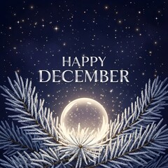 Fantasy Vector Glowing Orb Floating among Frosted Pine Needles and Twinkling Stars Happy December