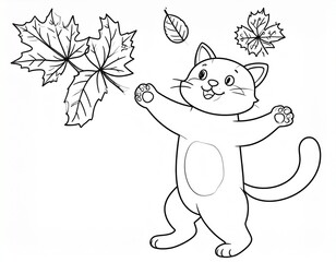 Simple line art illustration of cat playing with chestnut leaves. Perfect for colori