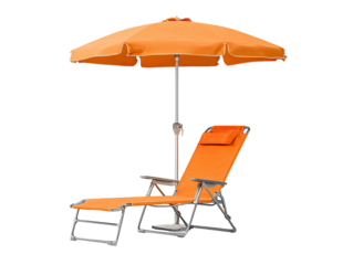 Orange chaise lounge with matching umbrella, isolated on black