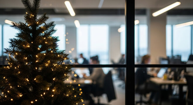 2026 business year end christmas new year office holiday tree with warm lights creating festive atmosphere in modern workplace surrounded by blurred coworkers celebrating quietly
