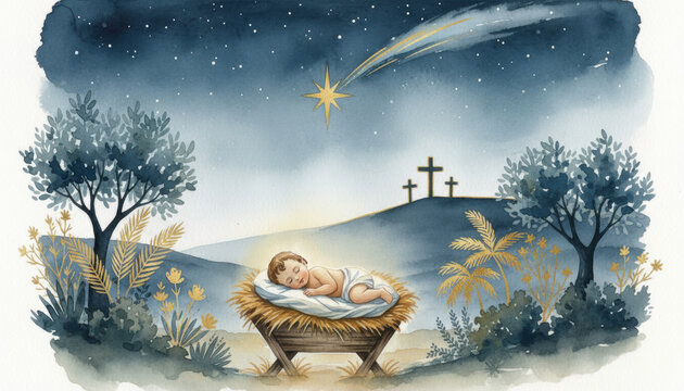 Baby Jesus sleeps in a manger under the Star of Bethlehem, with the three crosses of Calvary in the background. A Christian watercolor combining Christmas and Easter themes.
