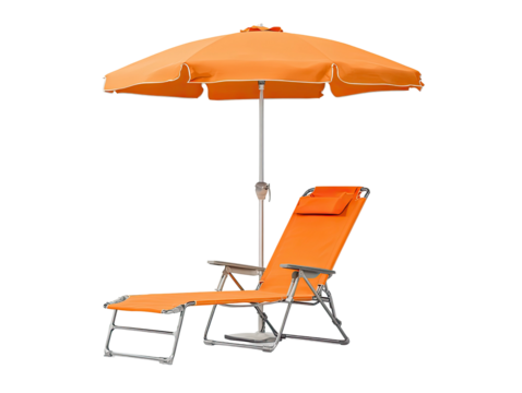 Orange chaise lounge with matching umbrella, isolated on black
