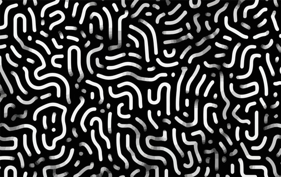 Patr&oacute;n abstracto de l&iacute;neas blancas org&aacute;nicas y entrelazadas sobre un fondo oscuro, simulando estructuras laber&iacute;nticas o de reacci&oacute;n-difusi&oacute;n.