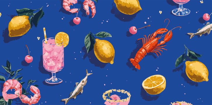 Patr&oacute;n vibrante de mariscos, limones y c&oacute;cteles rosados sobre un fondo azul oscuro, con camarones, langosta y peces peque&ntilde;os, evocando una atm&oacute;sfera festiva y veraniega.