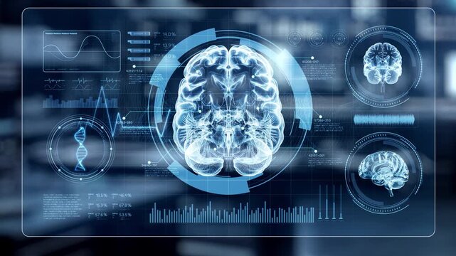 Close up of robotic hand pointing and tapping at brain hologram with blur laboratory background. Robot hand clicking at brain icon to access and connect medical data to diagnosis symptom. Salubrious.