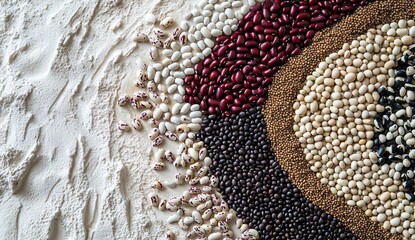 An artistic arrangement of grains and legumes forms curved, concentric patterns on a textured white surface