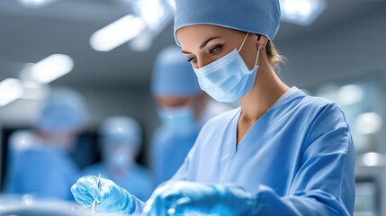 Female Surgeon Performing Operation With Focused Expression In Blue Scrubs And Mask. Surgical Procedure In Progress In Sterile Medical Environment