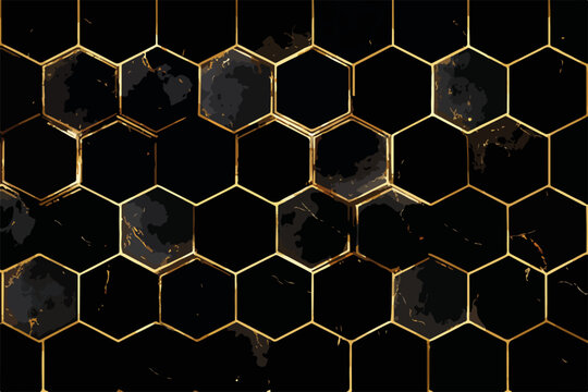 Patr&oacute;n abstracto de hex&aacute;gonos dorados sobre fondo negro con textura de m&aacute;rmol.