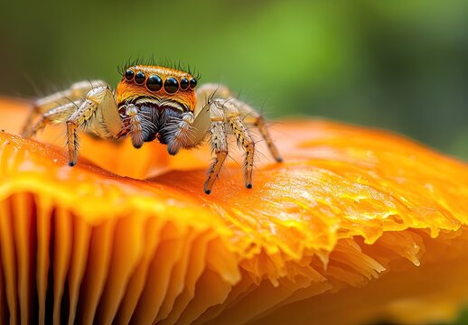 A close-up of a tiny jumping spider perched on the edge of a bright orange mushroom cap