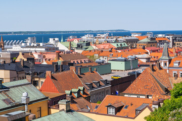 Obraz premium Aerial view of the city center and harbour of Helsingborg