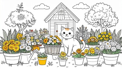 Cute Garden Cat &ndash; Cozy Coloring Page for Kids and Adults