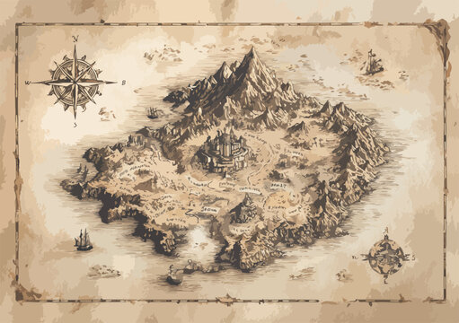 Antiguo mapa de fantas&iacute;a de una isla con monta&ntilde;as, castillos y barcos.