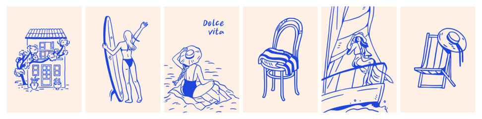 Dolce vita summer holiday posters. Sea resort vacation in Italy, doodle style cards. Italian coastal mood with yacht, surfboard, hotel. Retro sketch drawings. Hand-drawn vector illustrations © Good Studio
