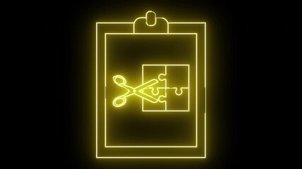 Yellow neon art clipboard puzzle pieces and scissors on black background