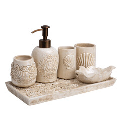 Shell-themed bathroom set, soap dispenser, tray, ceramic accessories