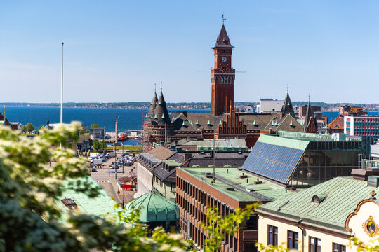 View of the City Hall of Helsingborg city an strait Oresund between Sweden and Denmark