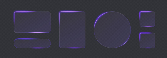 Light frame liquid glass button set for mobile and web app, tech board frame in futuristic style. Purple HUD interface, vector illustration. Light glass png banner collection with glow effect.