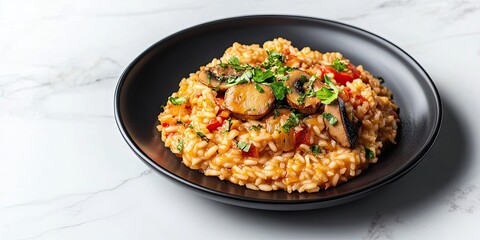 A black plate presenting a serving of paella, featuring yellow rice, shrimp, and a mix of colorful vegetables and herbs